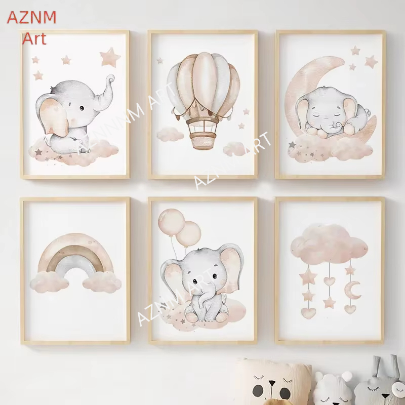 Baby Nursery Kids - Pósteres de elefantes, globos, arcoíris, luna,